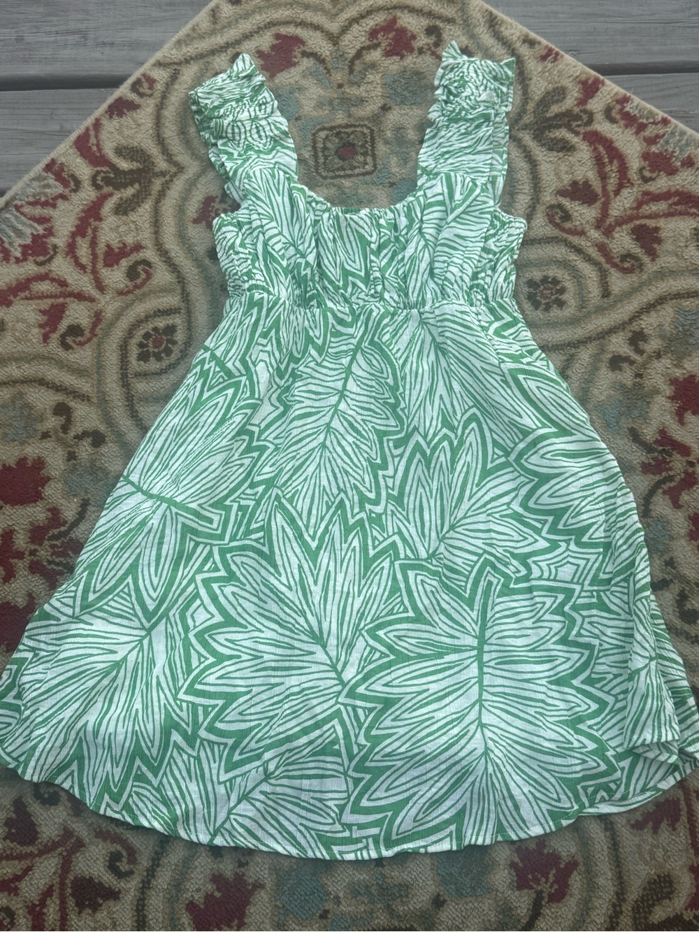 Blu Pepper Green and White Tropical-Leaf Sundress
